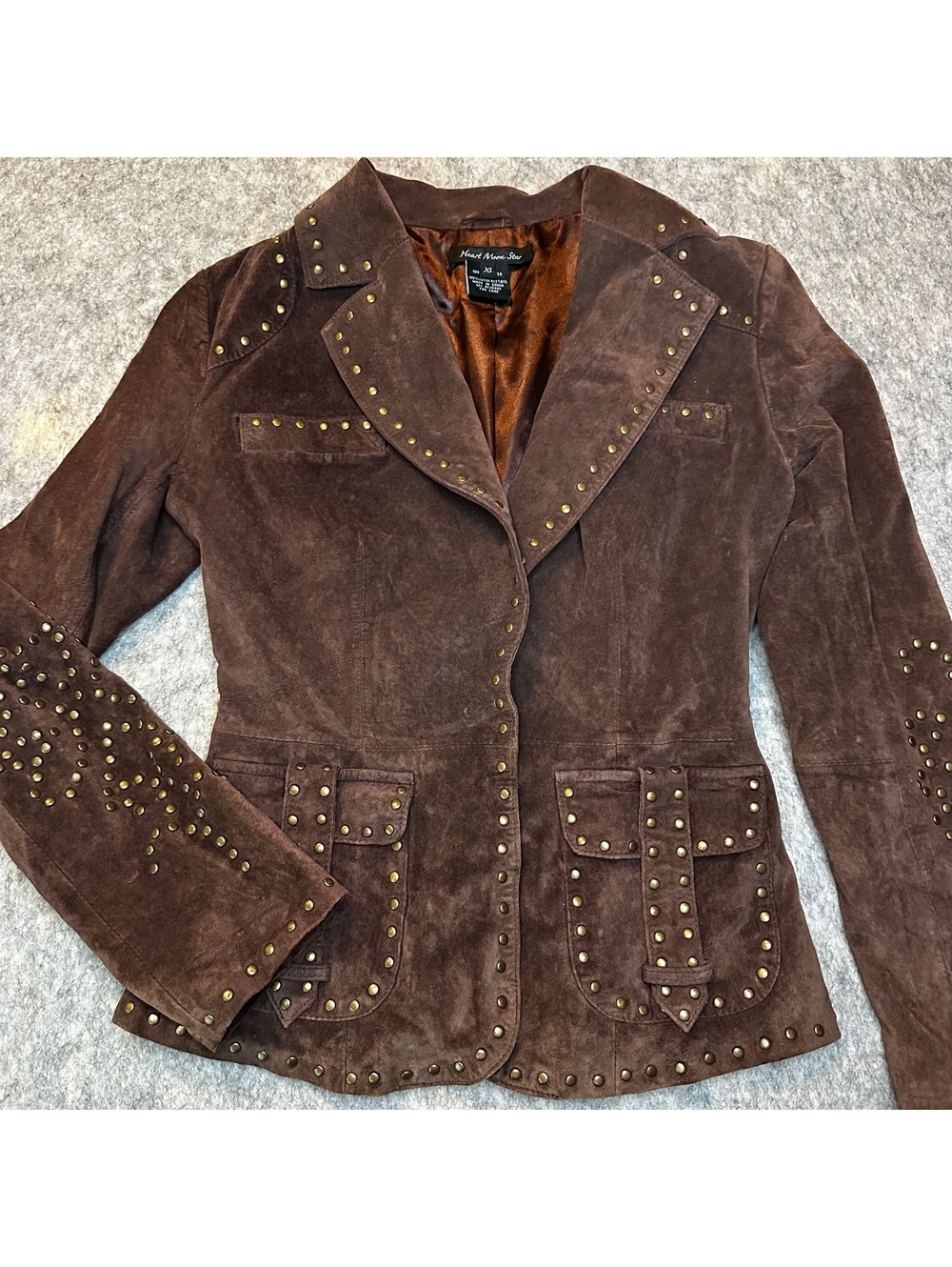 Heart Moon Star Brown Suede Studded Blazer Jacket XS Boho Western Indie Ranch